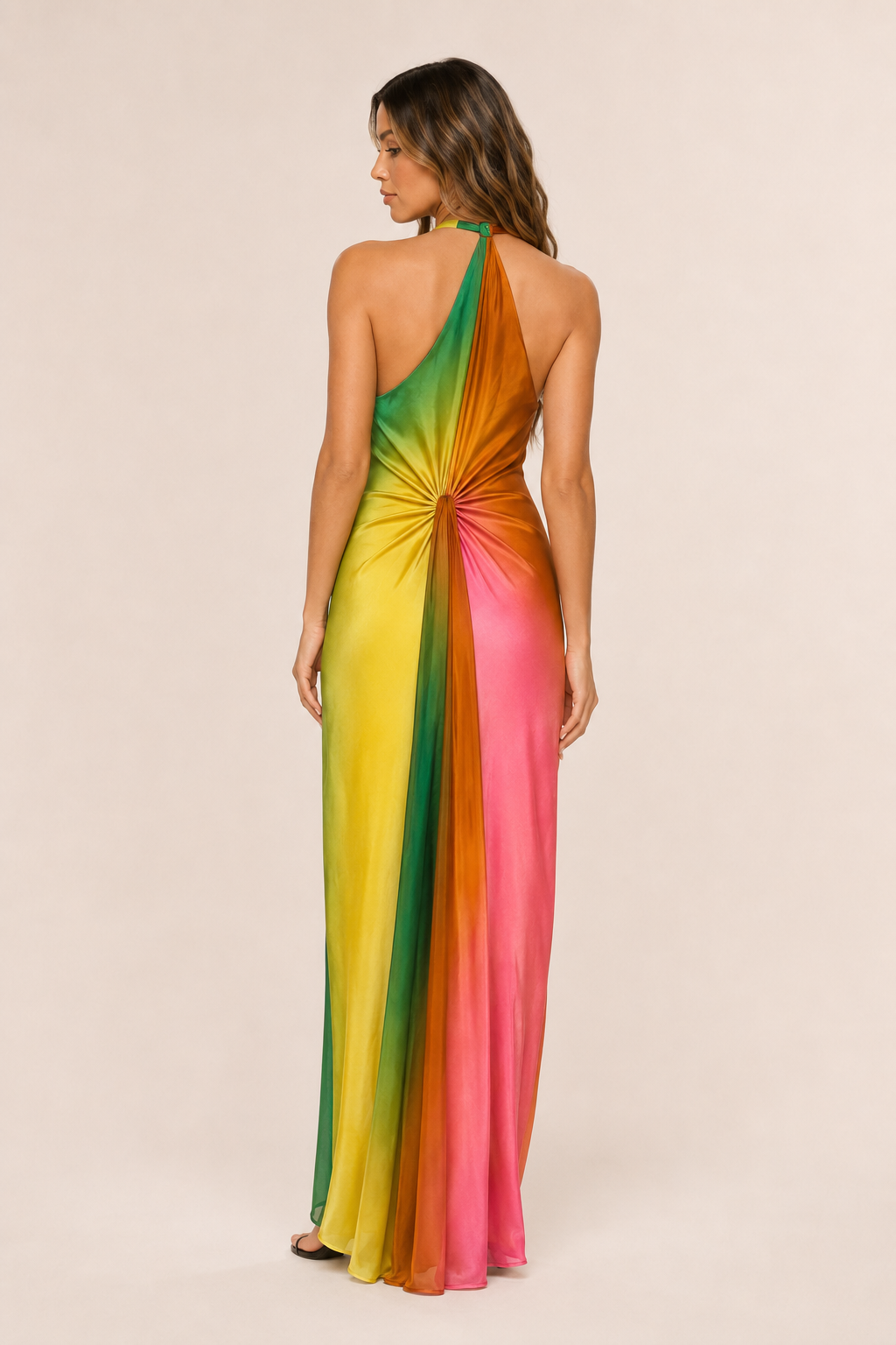 Vestido Largo Asimétrico Tie Dye en Satén con Nudo – Copacabana