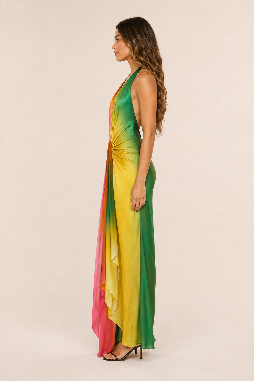 Vestido Largo Asimétrico Tie Dye en Satén con Nudo – Copacabana