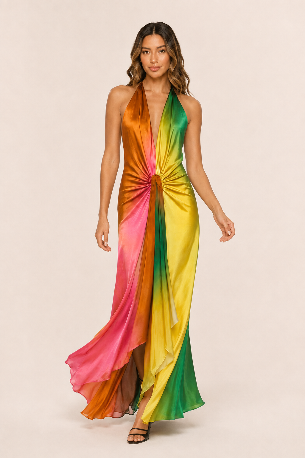 Vestido Largo Asimétrico Tie Dye en Satén con Nudo – Copacabana