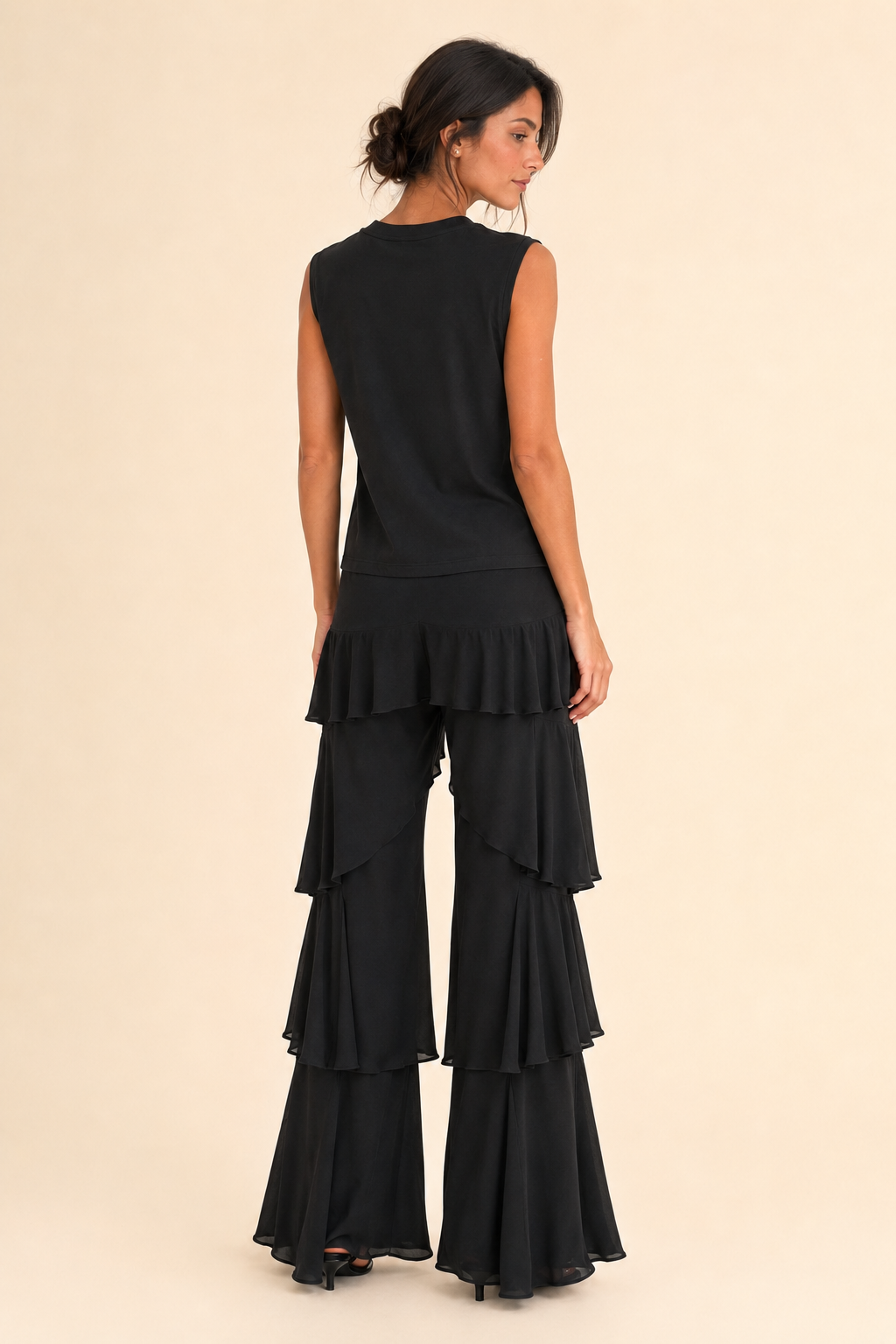 Conjunto Top Cropped y Pantalón Palazzo con Volantes en Capas – Noir