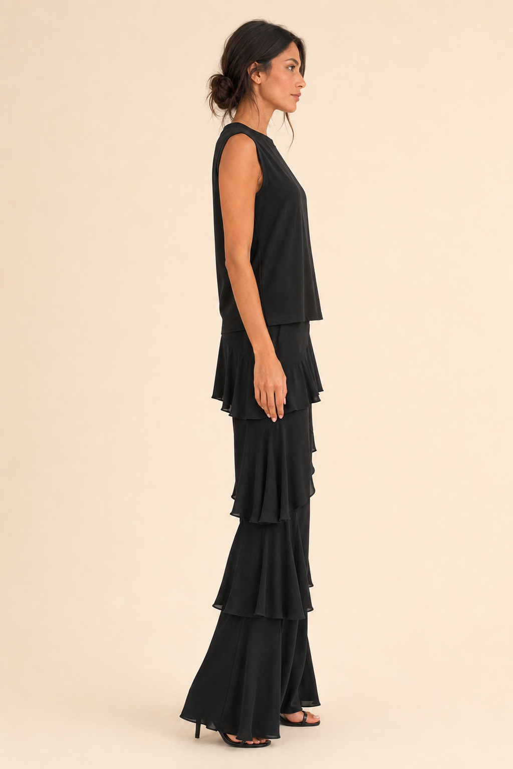 Conjunto Top Cropped y Pantalón Palazzo con Volantes en Capas – Noir