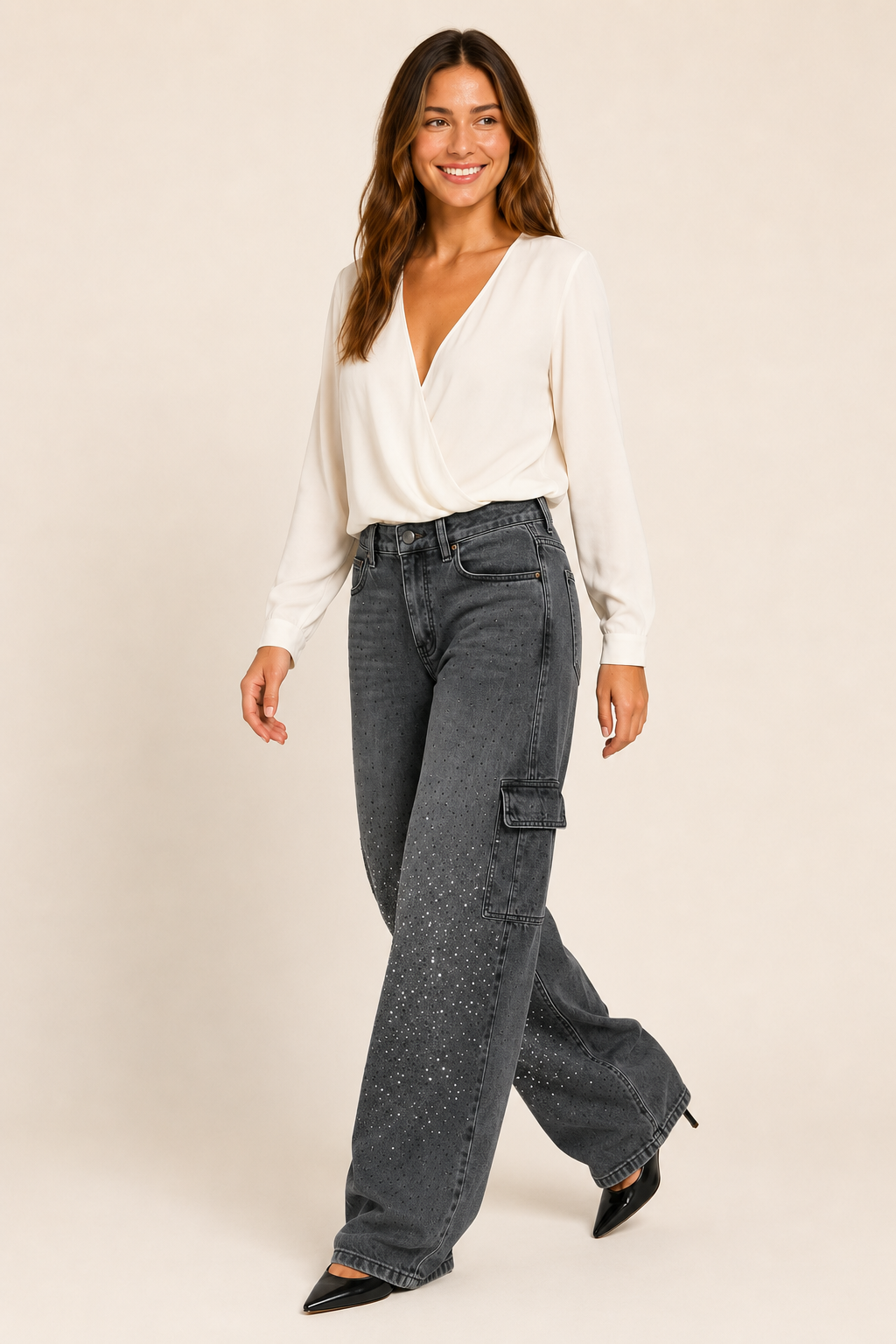 Pantalón de Mezclilla Wide Leg Carpenter con Brillo - Bruges