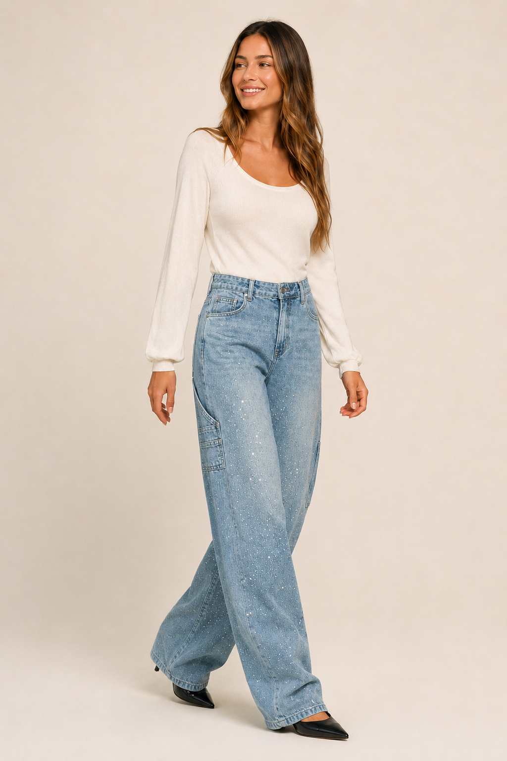 Pantalón de Mezclilla Wide Leg Carpenter con Brillo - Bruges