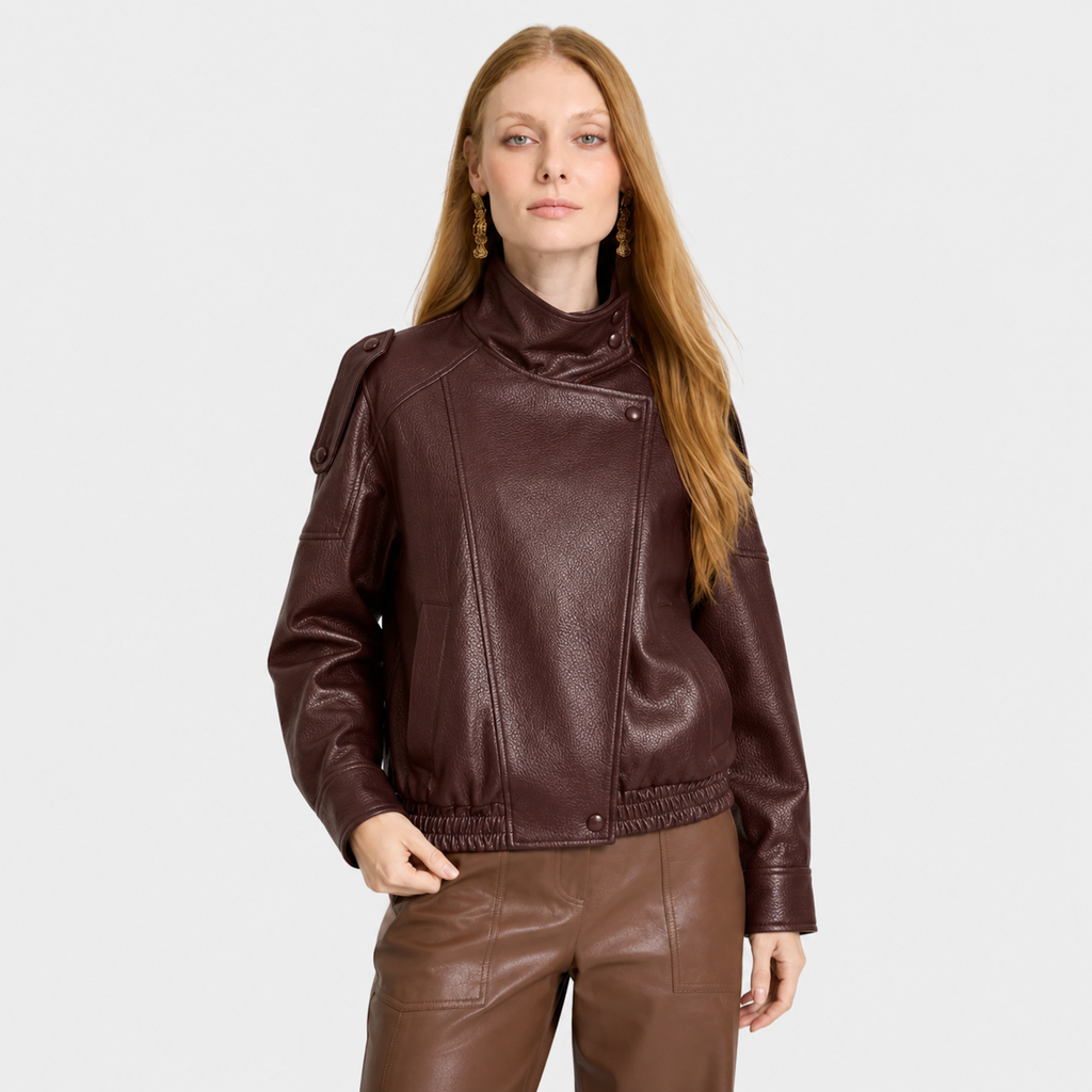 Chaqueta Femenina de Piel Premium Oversized Cuello Alto – Bruges