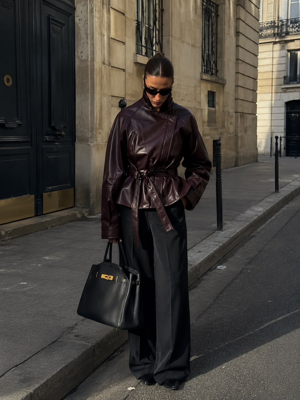 Chaqueta Femenina de Cuero Legítimo Oversize con Cinturón – Capri