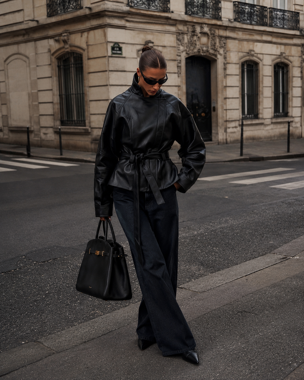 Chaqueta Femenina de Cuero Legítimo Oversize con Cinturón – Capri