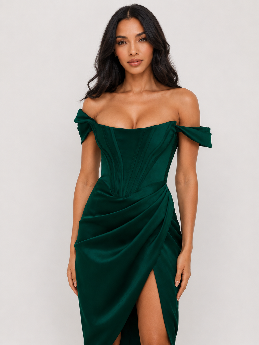 Vestido Midi de Satén con Corsé y Escote Hombro a Hombro – Cannes