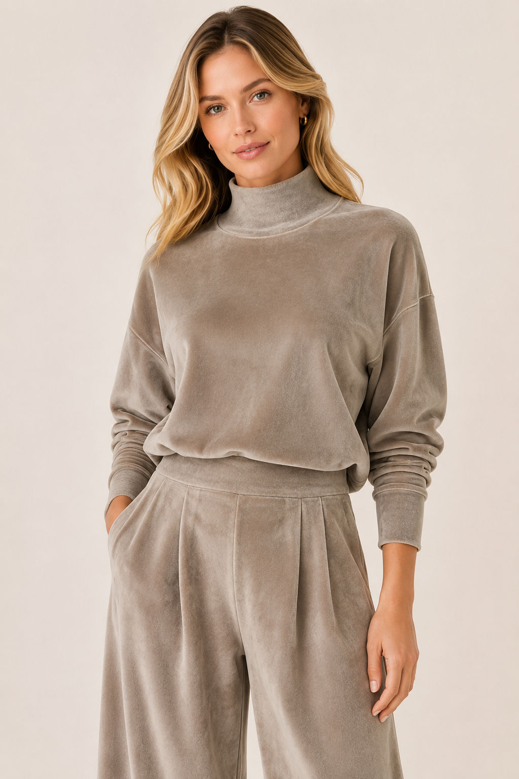 Conjunto Femenino de Terciopelo Cuello Alto con Pantalón Palazzo – Lucca