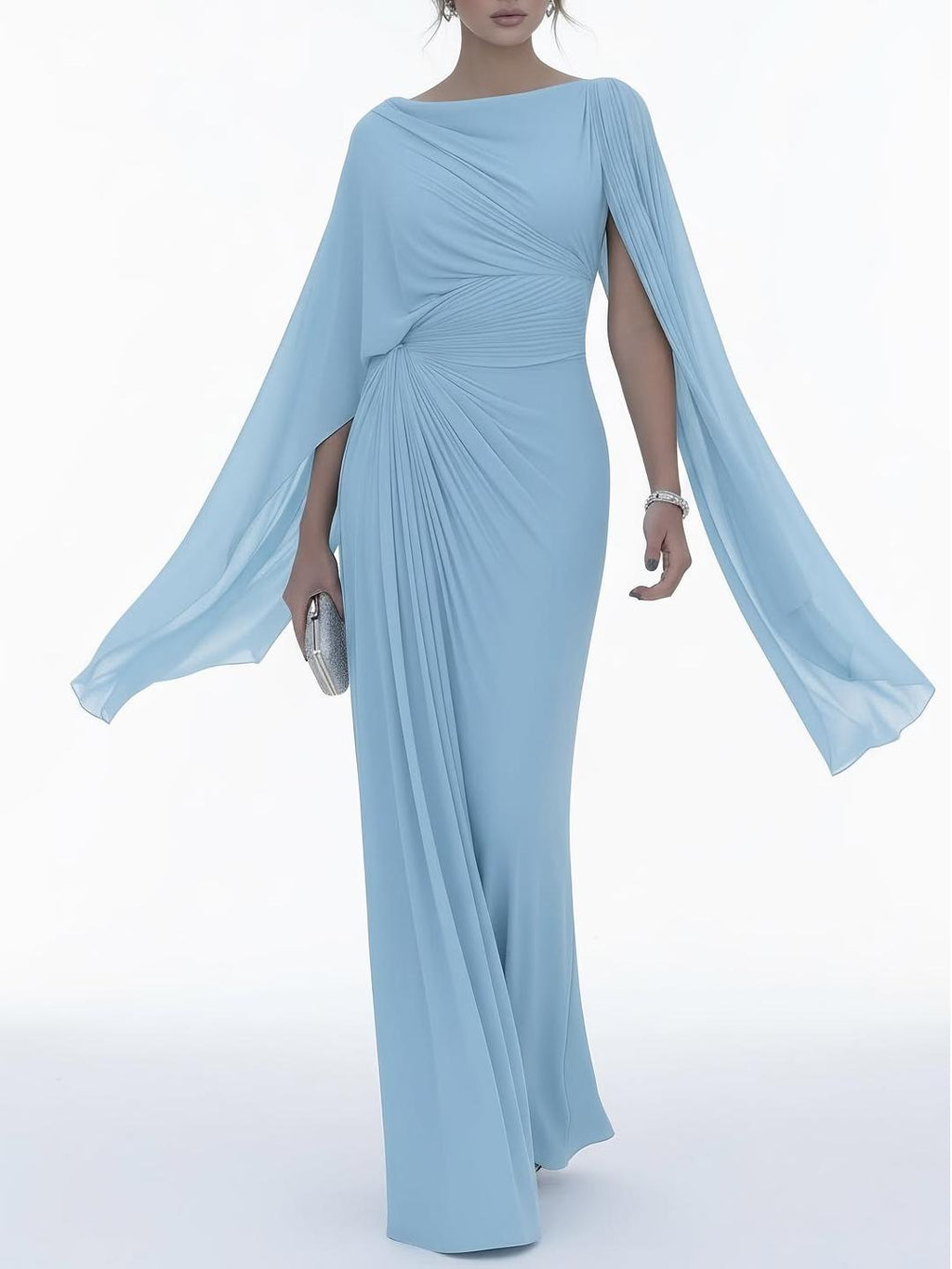 Vestido Femenino Largo Negro con Mangas Capa y Drapeado – Ônix