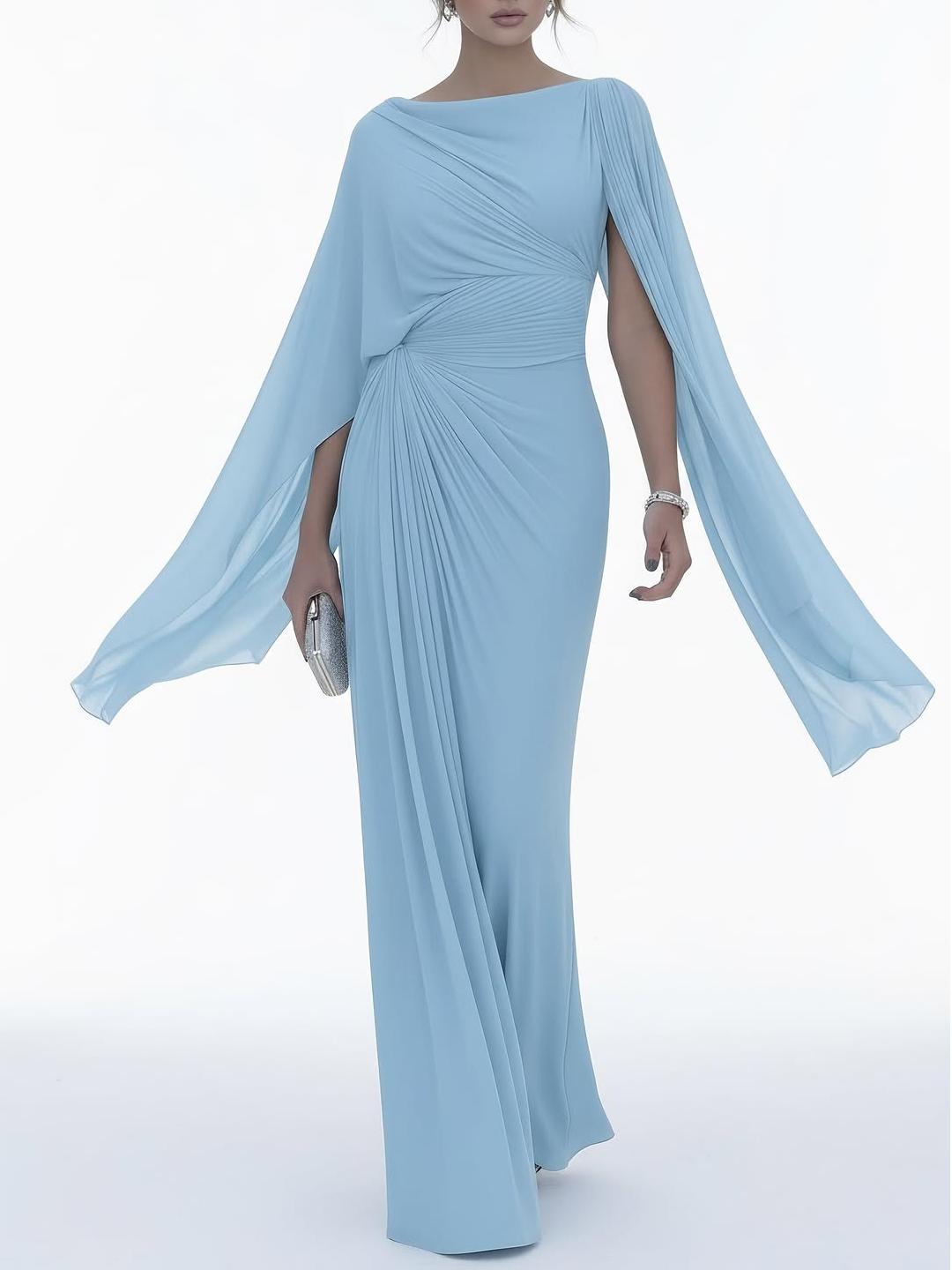 Vestido Femenino Largo Negro con Mangas Capa y Drapeado – Ônix