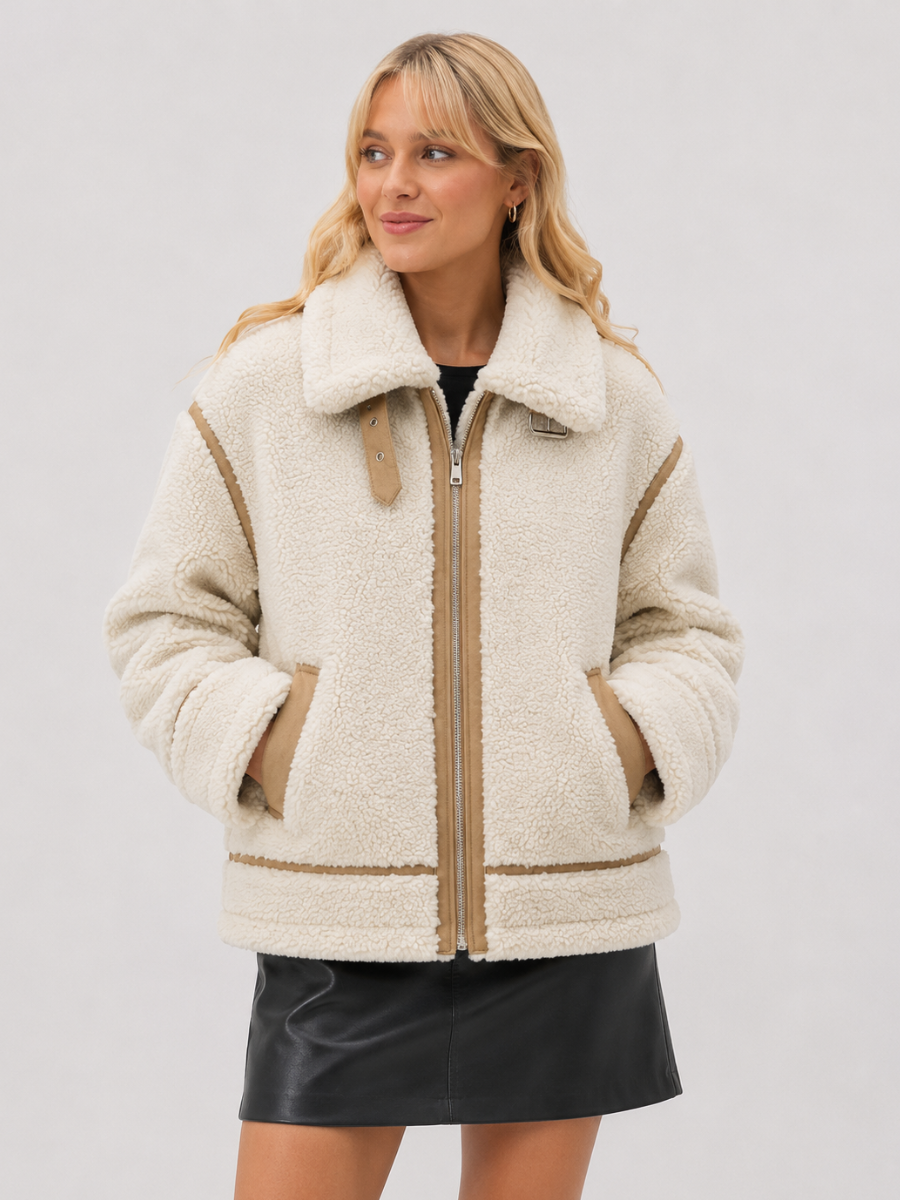 Chaqueta Femenina Afelpada Teddy con Detalles en Cuero – Oslo