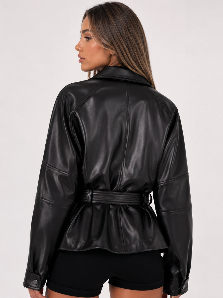 Chaqueta Femenina de Cuero Legítimo Oversize con Cinturón – Capri