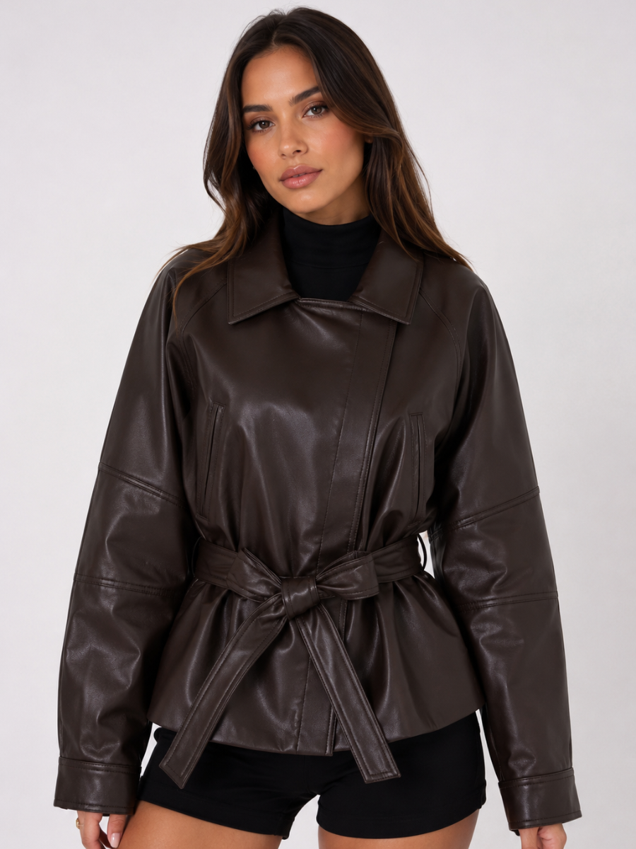 Chaqueta Femenina de Cuero Legítimo Oversize con Cinturón – Capri