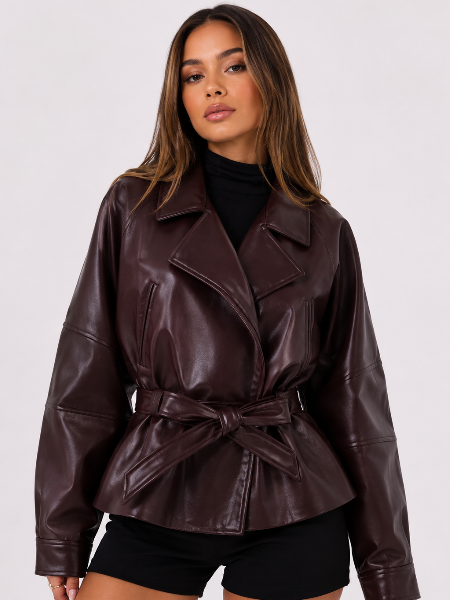 Chaqueta Femenina de Cuero Legítimo Oversize con Cinturón – Capri