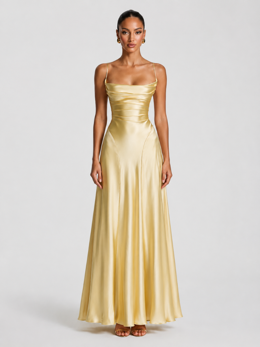 Vestido Largo de Satén con Escote Drapeado – Siena