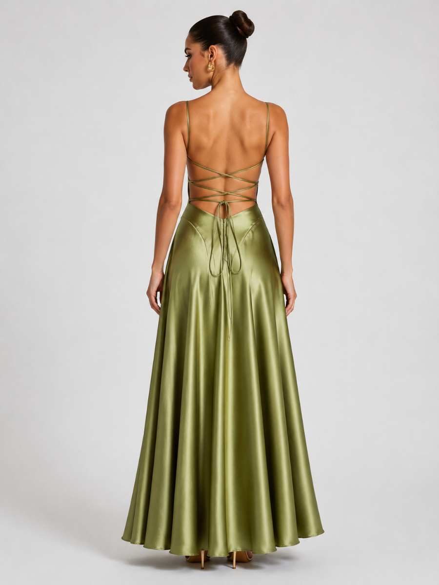 Vestido Largo de Satén con Escote Drapeado – Siena