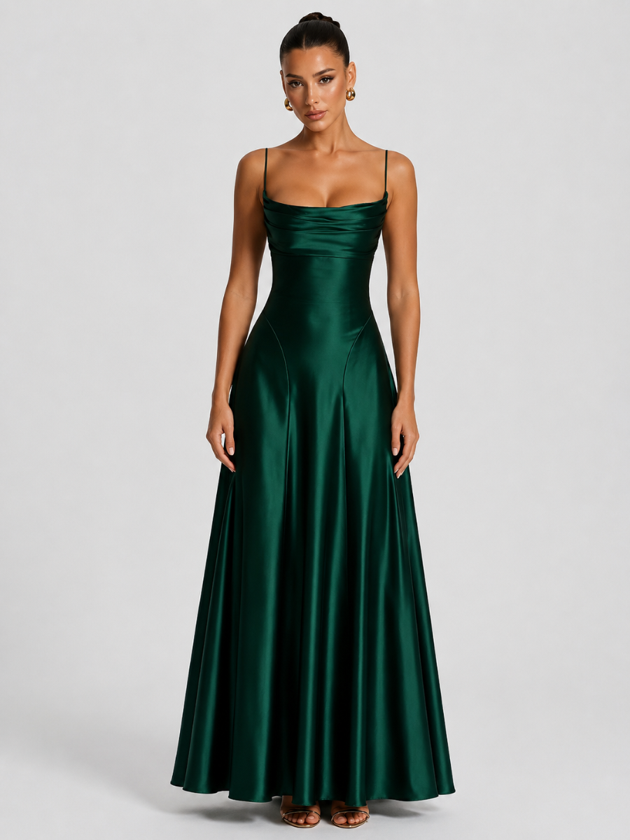 Vestido Largo de Satén con Escote Drapeado – Siena