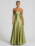 Vestido Largo de Satén con Escote Drapeado – Siena