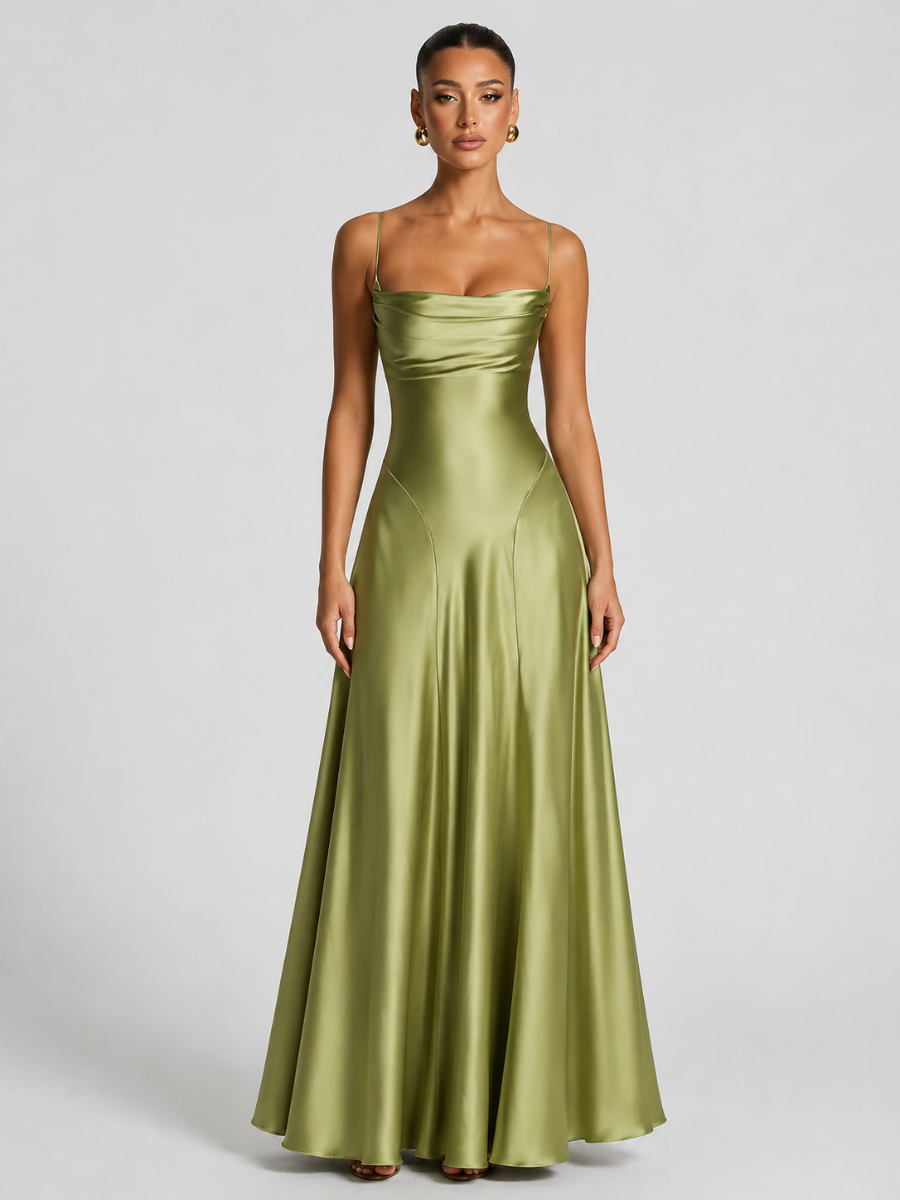 Vestido Largo de Satén con Escote Drapeado – Siena
