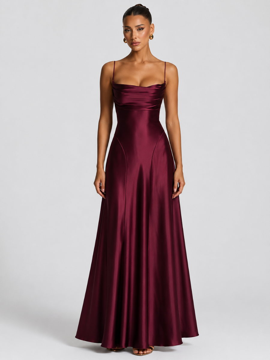 Vestido Largo de Satén con Escote Drapeado – Siena