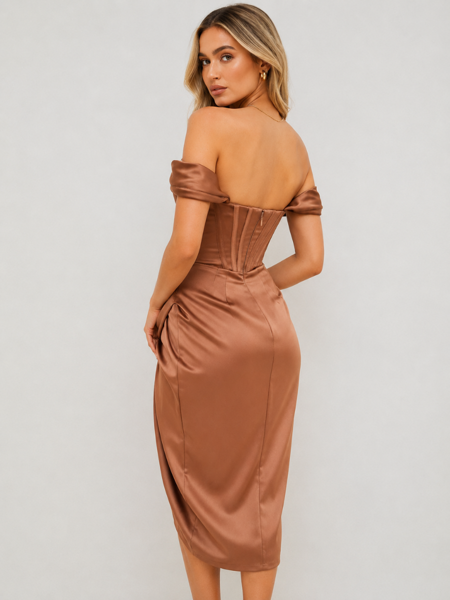 Vestido Midi de Satén con Corsé y Escote Hombro a Hombro – Cannes