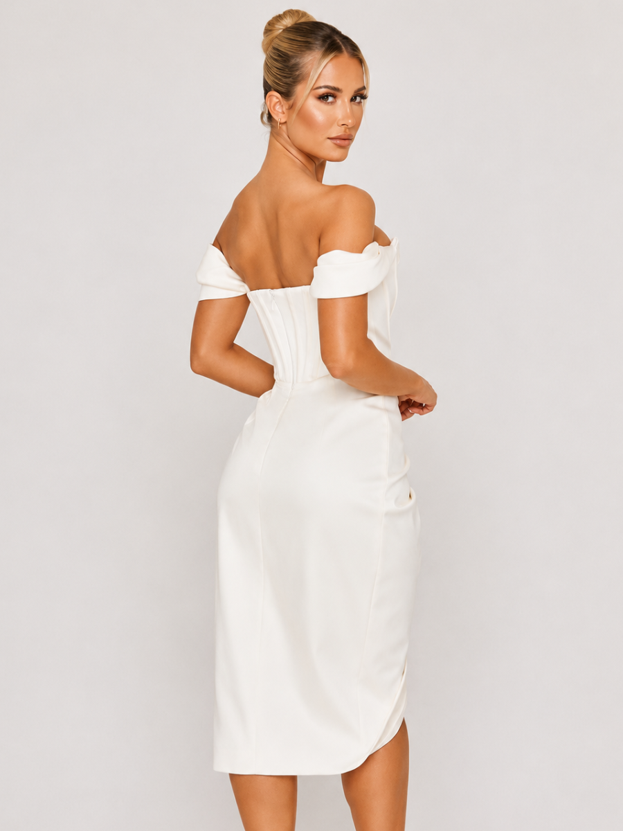 Vestido Midi de Satén con Corsé y Escote Hombro a Hombro – Cannes