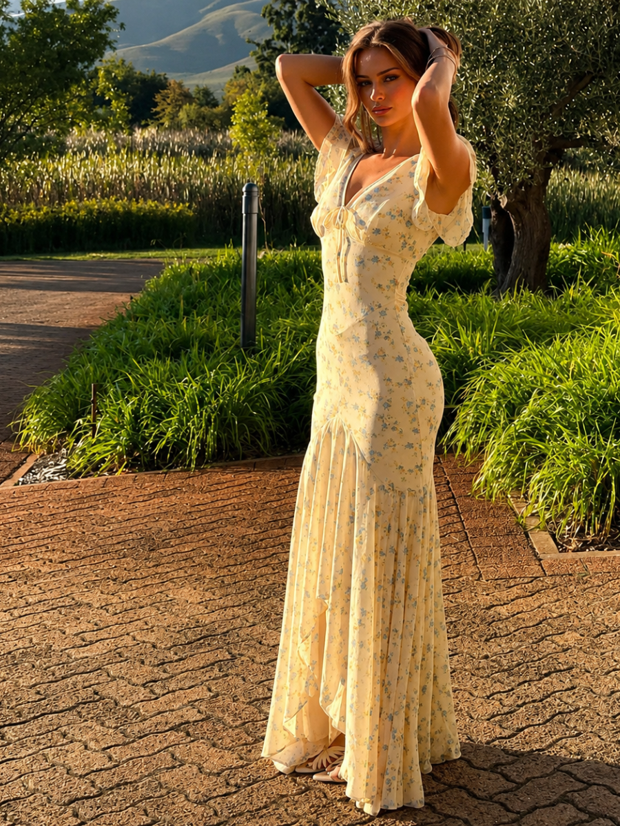 Vestido Largo Floral con Manga Princesa – Jamylle