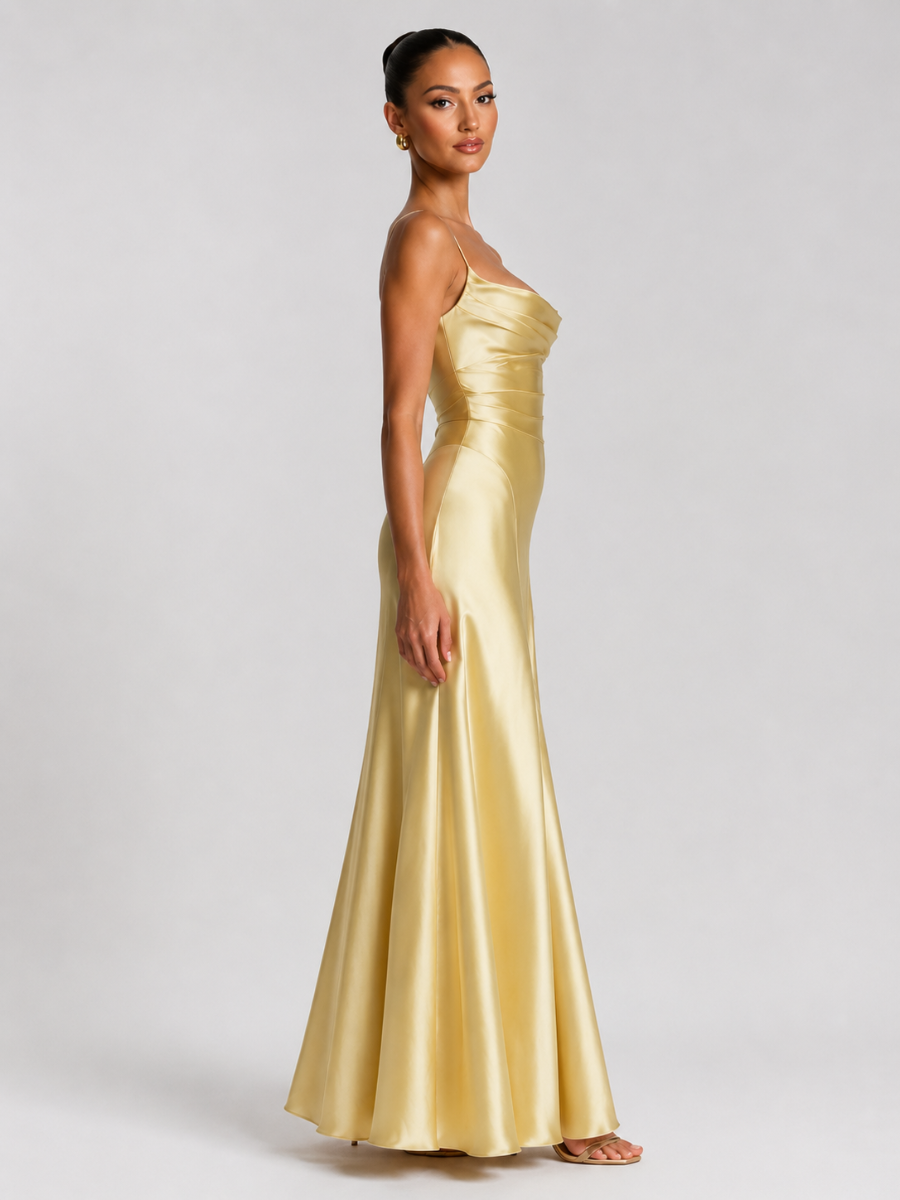 Vestido Largo de Satén con Escote Drapeado – Siena