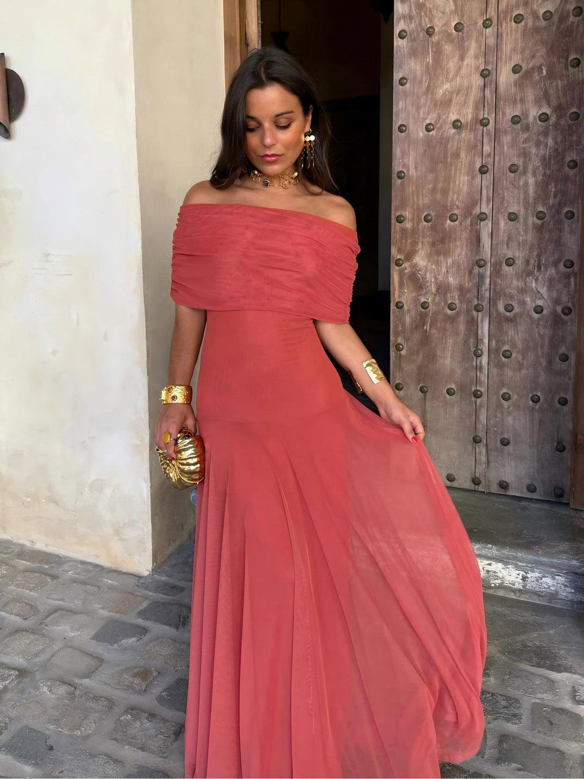 Vestido Femenino Largo Escote Bardot de Chiffón con Drapeado – Umbria