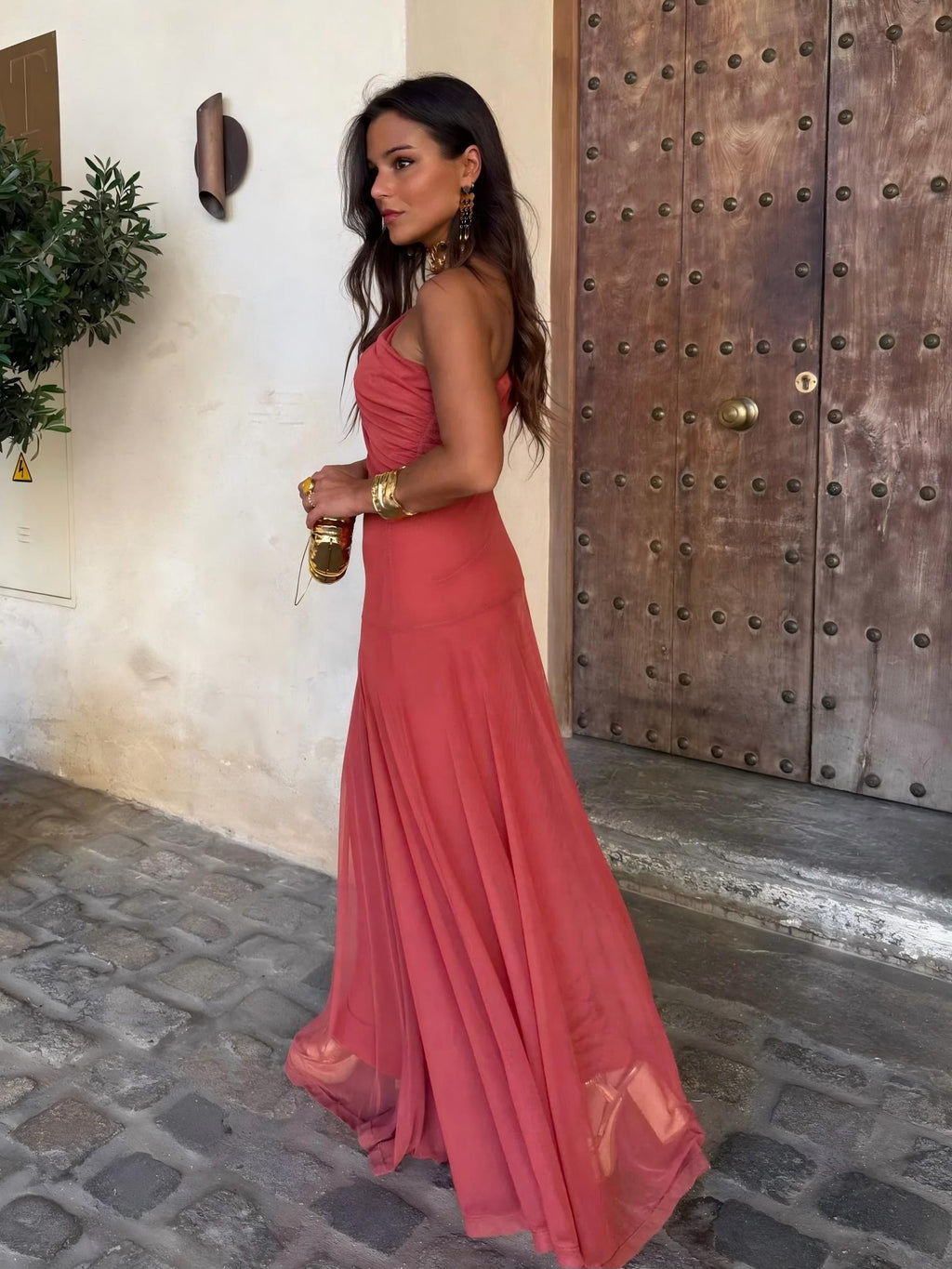 Vestido Femenino Largo Escote Bardot de Chiffón con Drapeado – Umbria