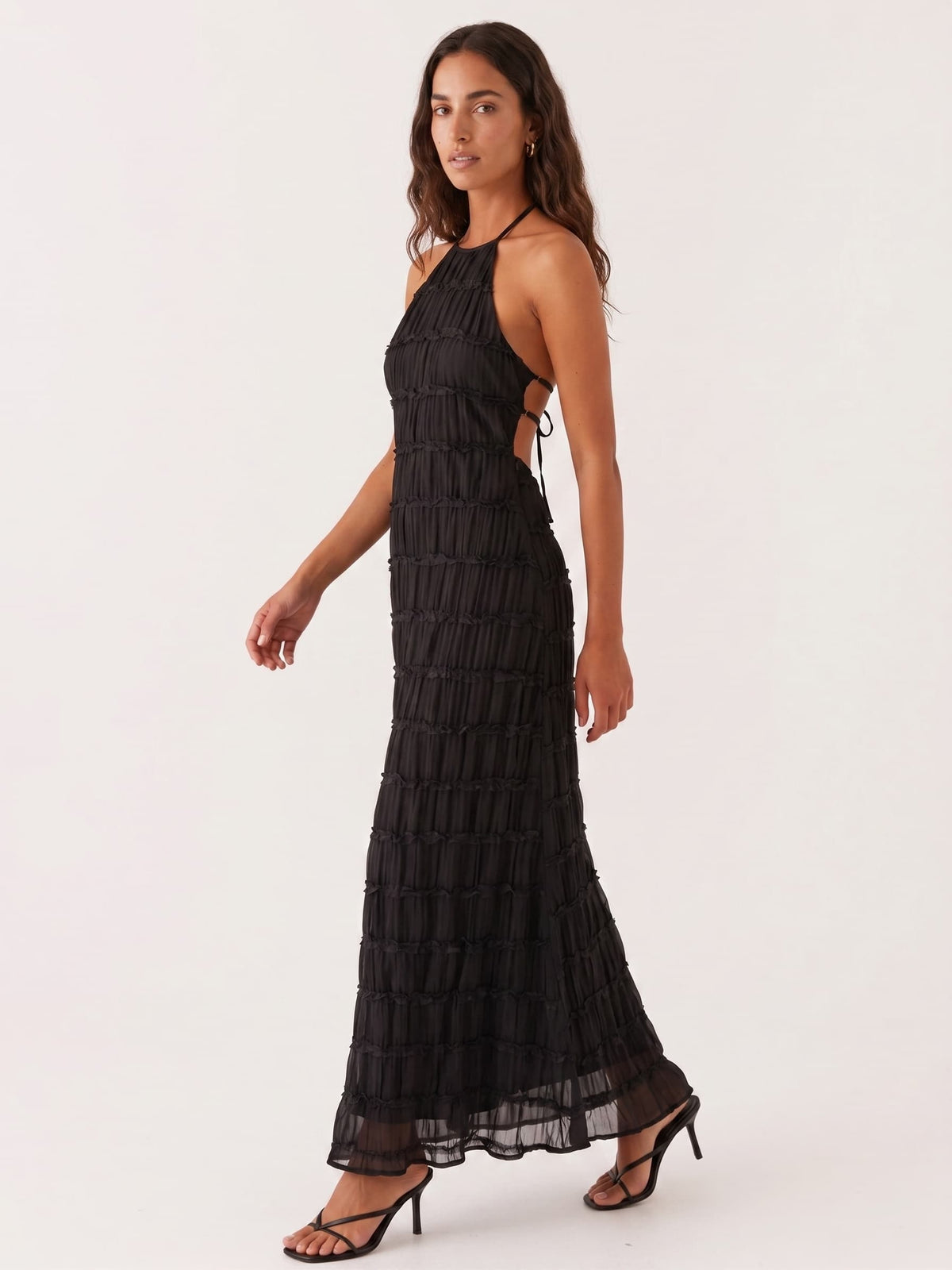 Vestido Largo Cuello Alto con Textura en Relieve y Espalda Descubierta - Anacapri