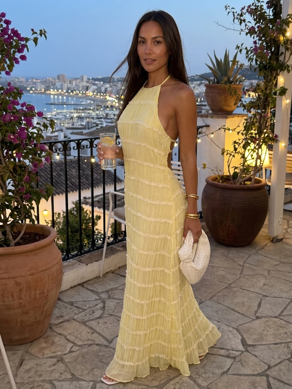 Vestido Largo Cuello Alto con Textura en Relieve y Espalda Descubierta - Anacapri