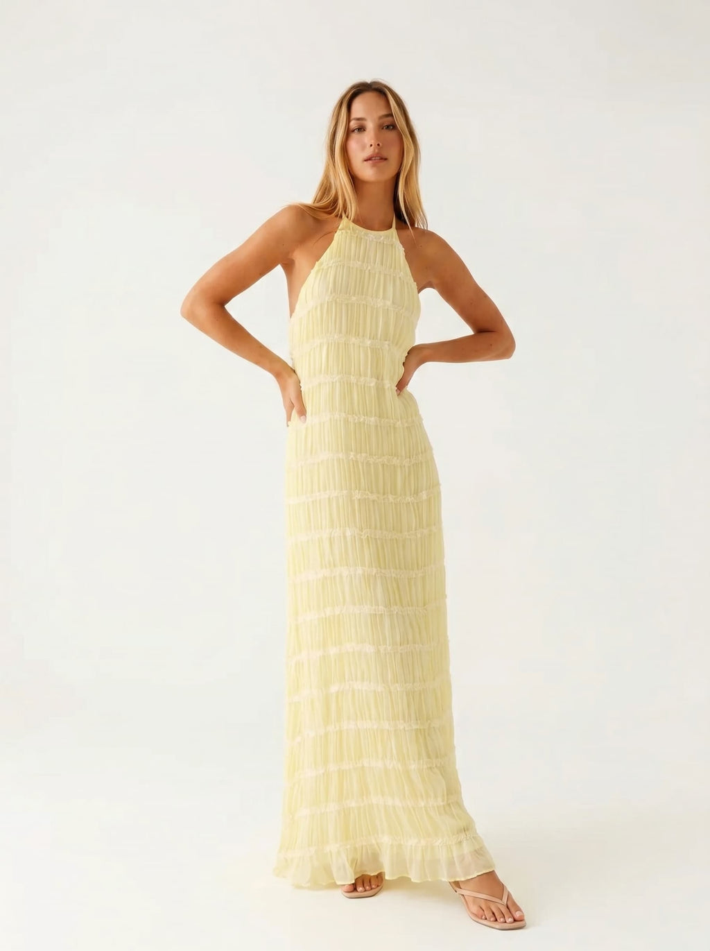 Vestido Largo Cuello Alto con Textura en Relieve y Espalda Descubierta - Anacapri