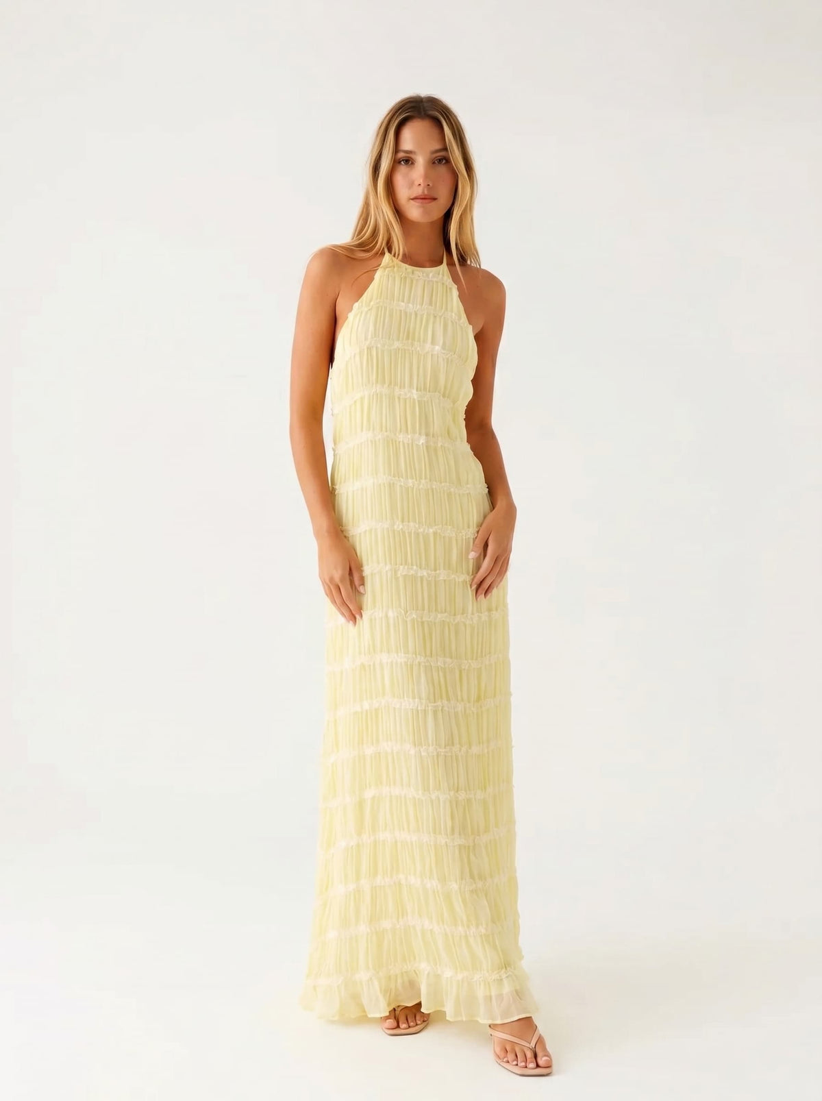 Vestido Largo Cuello Alto con Textura en Relieve y Espalda Descubierta - Anacapri