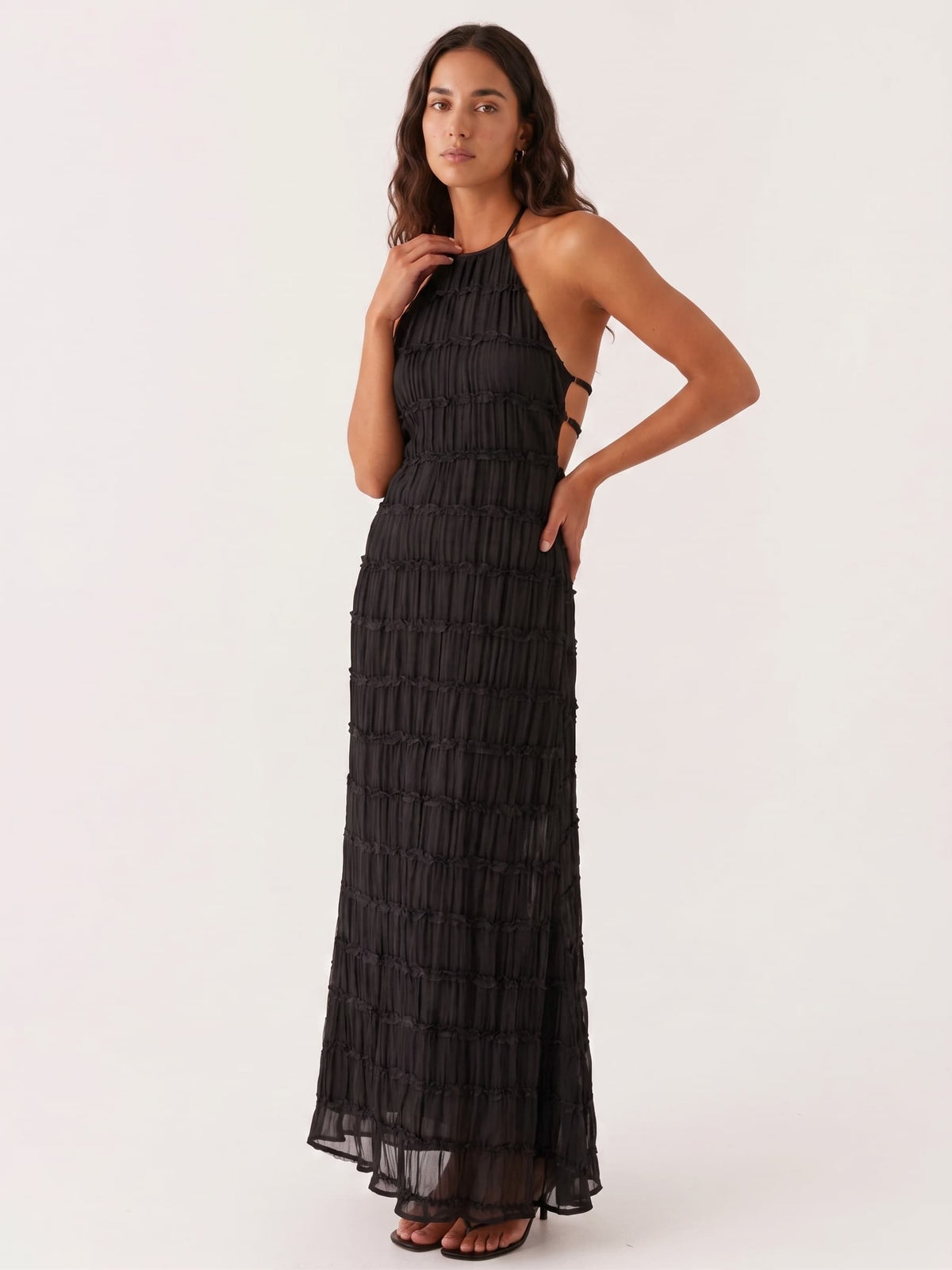 Vestido Largo Cuello Alto con Textura en Relieve y Espalda Descubierta - Anacapri