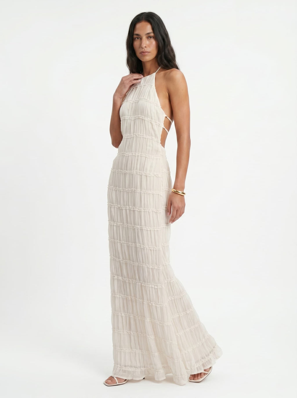 Vestido Largo Cuello Alto con Textura en Relieve y Espalda Descubierta - Anacapri
