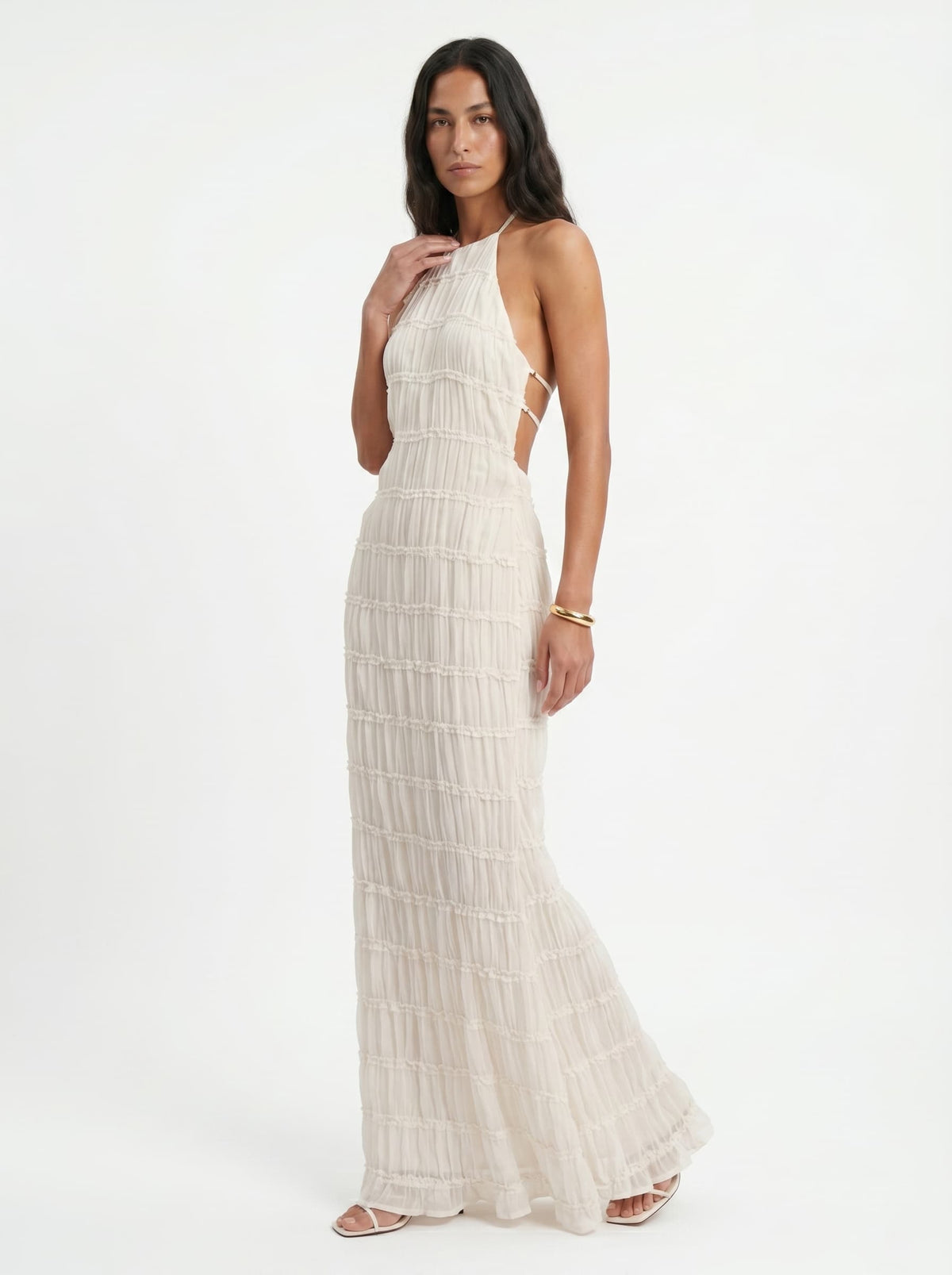 Vestido Largo Cuello Alto con Textura en Relieve y Espalda Descubierta - Anacapri