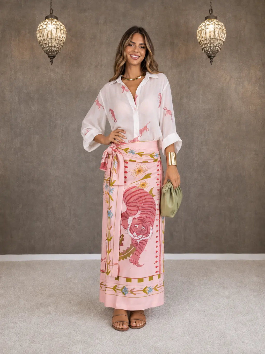 Conjunto Rosa Estampado de Tigre con Camisa y Falda Larga - Jaipur