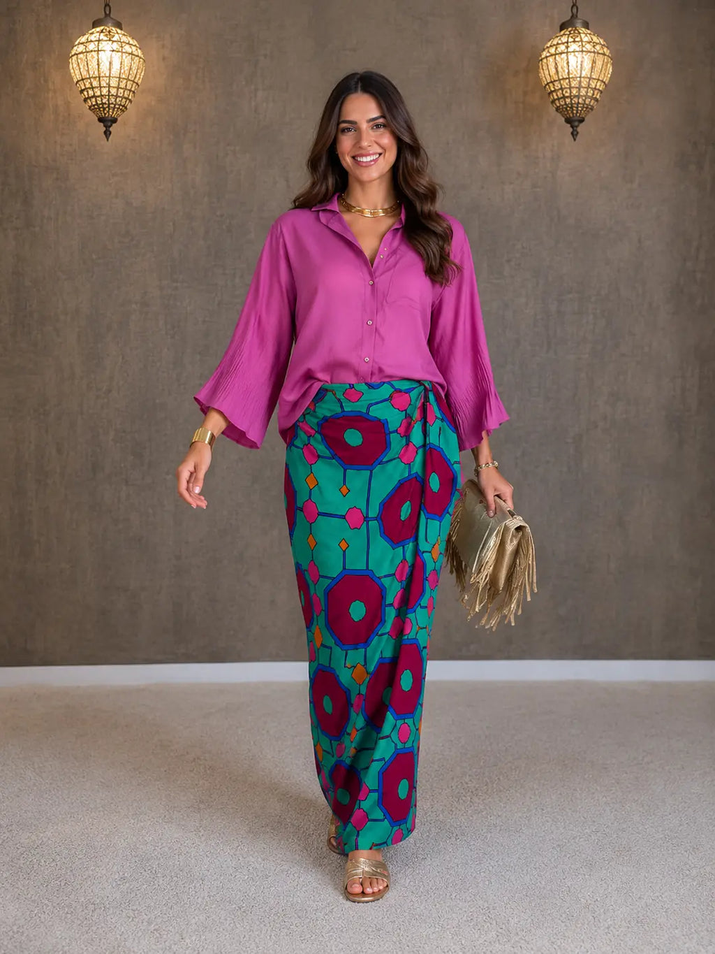 Conjunto Rosa Estampado de Tigre con Camisa y Falda Larga - Jaipur