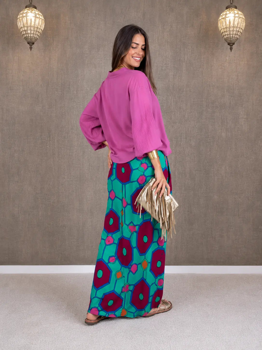 Conjunto Rosa Estampado de Tigre con Camisa y Falda Larga - Jaipur