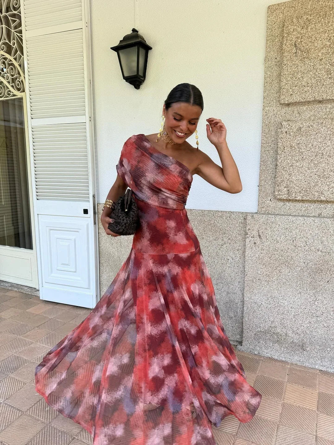 Vestido Femenino Largo Escote Bardot de Chiffón con Drapeado – Umbria