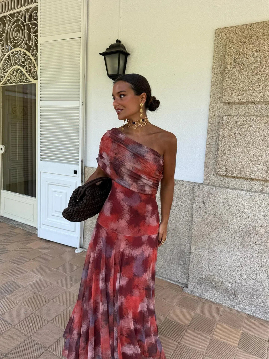 Vestido Femenino Largo Escote Bardot de Chiffón con Drapeado – Umbria