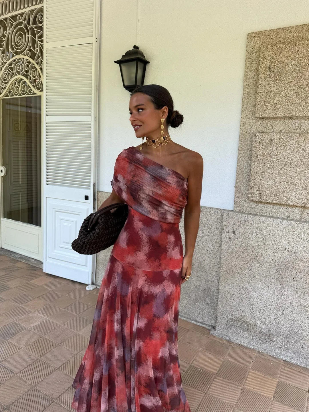 Vestido Femenino Largo Escote Bardot de Chiffón con Drapeado – Umbria
