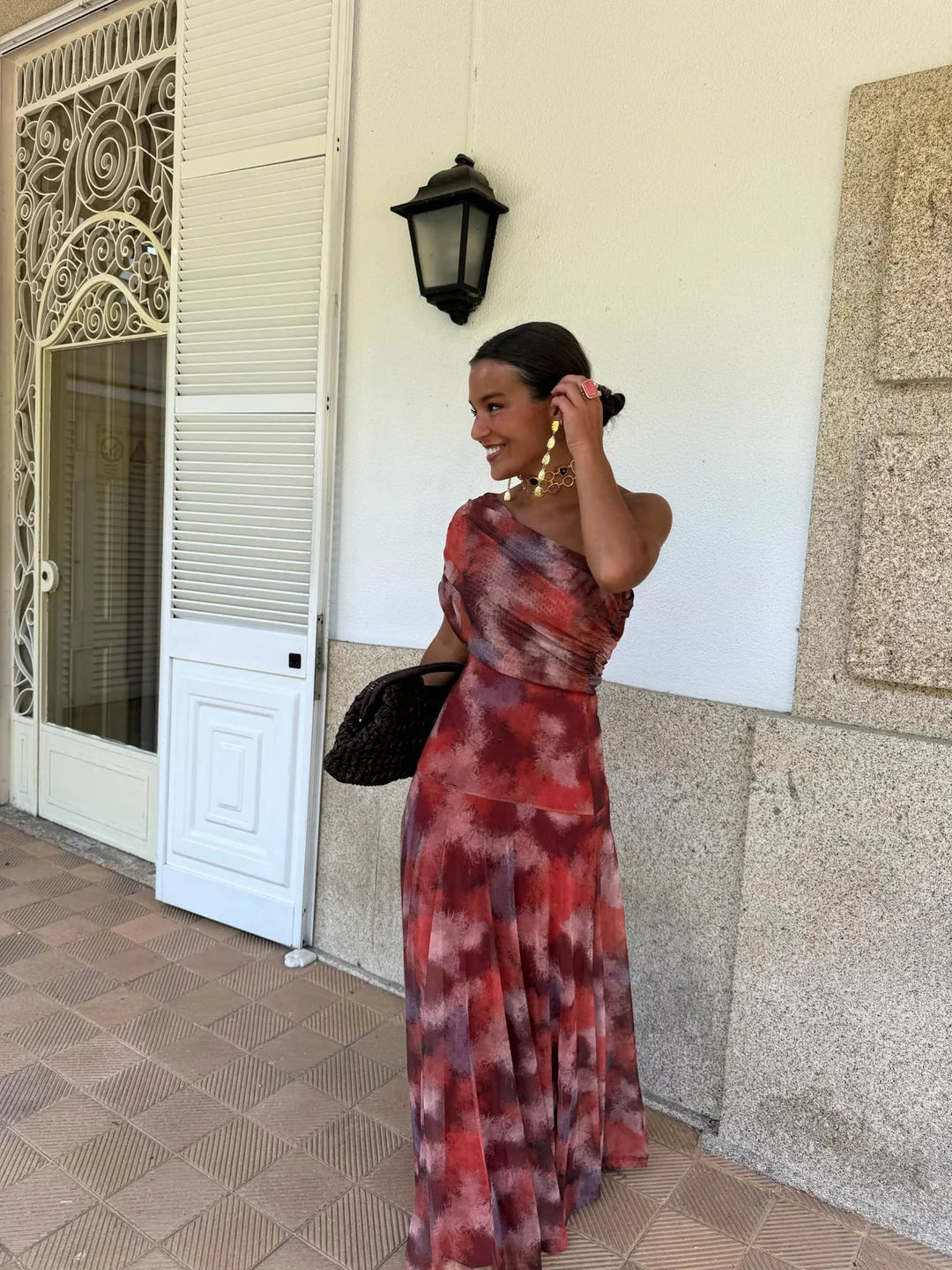 Vestido Femenino Largo Escote Bardot de Chiffón con Drapeado – Umbria