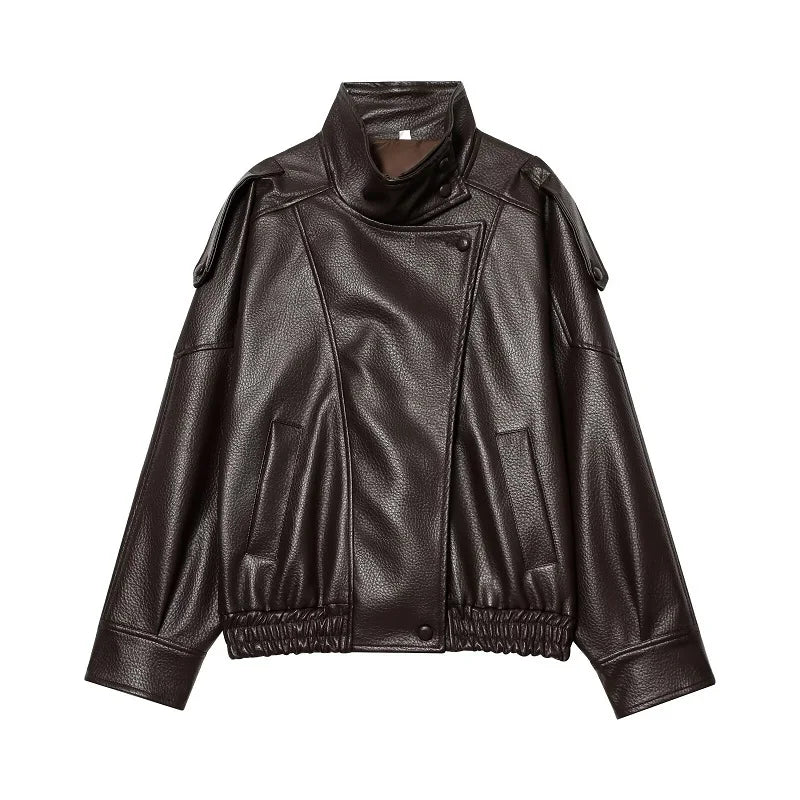 Chaqueta Femenina de Piel Premium Oversized Cuello Alto – Bruges