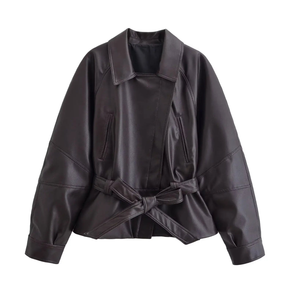 Chaqueta Femenina de Cuero Legítimo Oversize con Cinturón – Capri