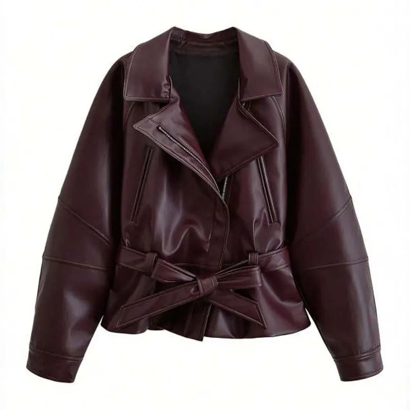 Chaqueta Femenina de Cuero Legítimo Oversize con Cinturón – Capri