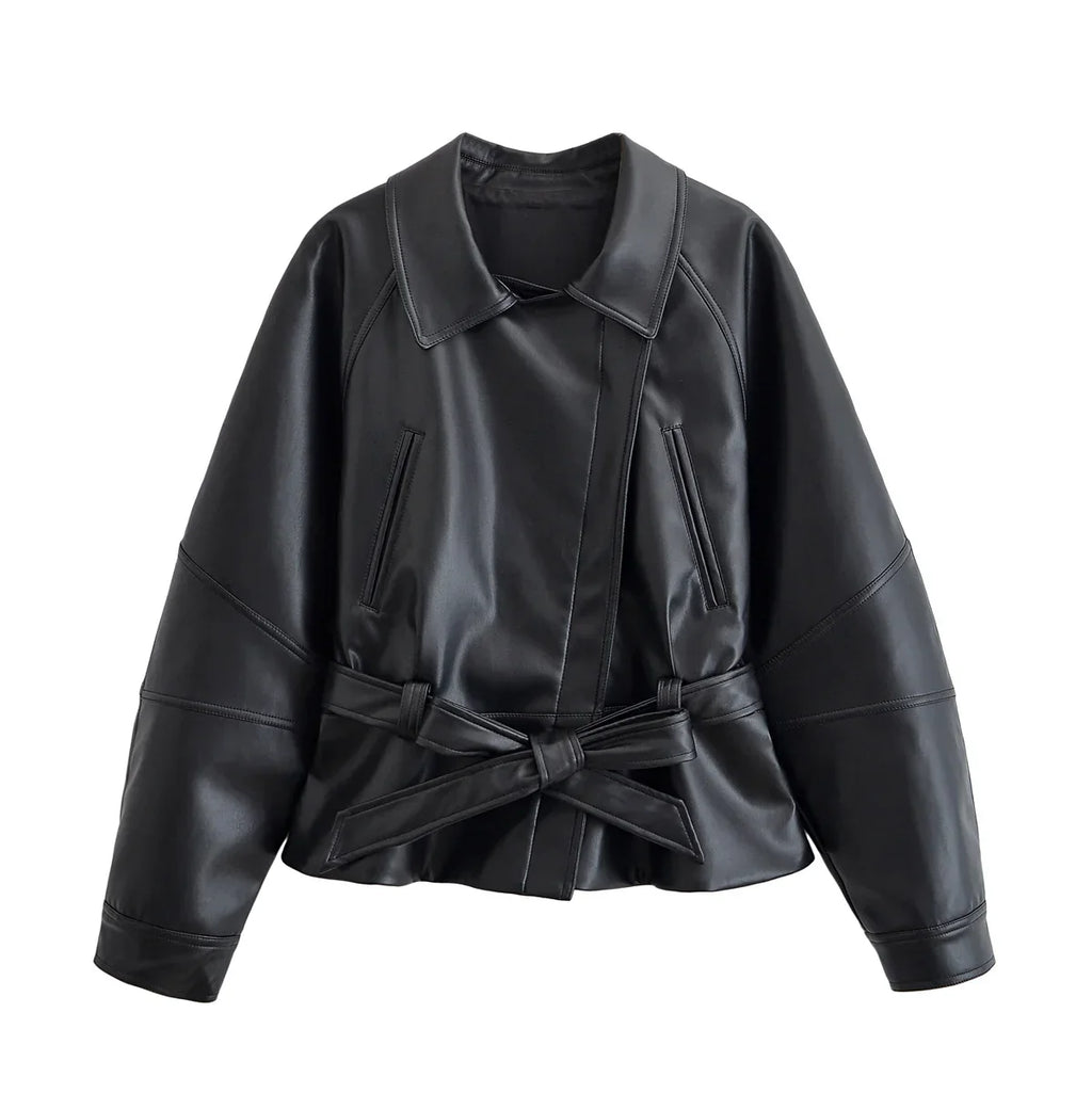 Chaqueta Femenina de Cuero Legítimo Oversize con Cinturón – Capri