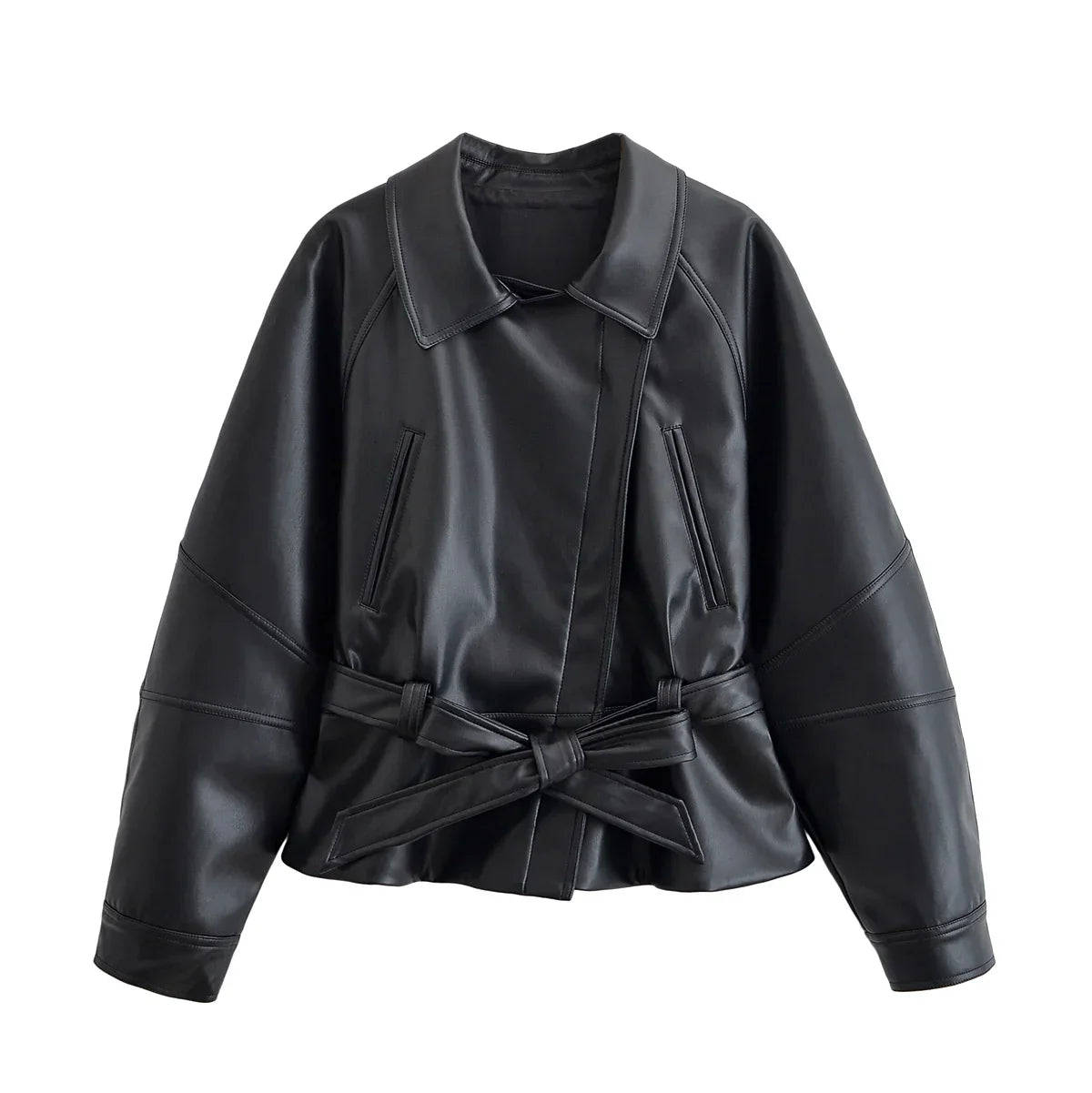 Chaqueta Femenina de Cuero Legítimo Oversize con Cinturón – Capri