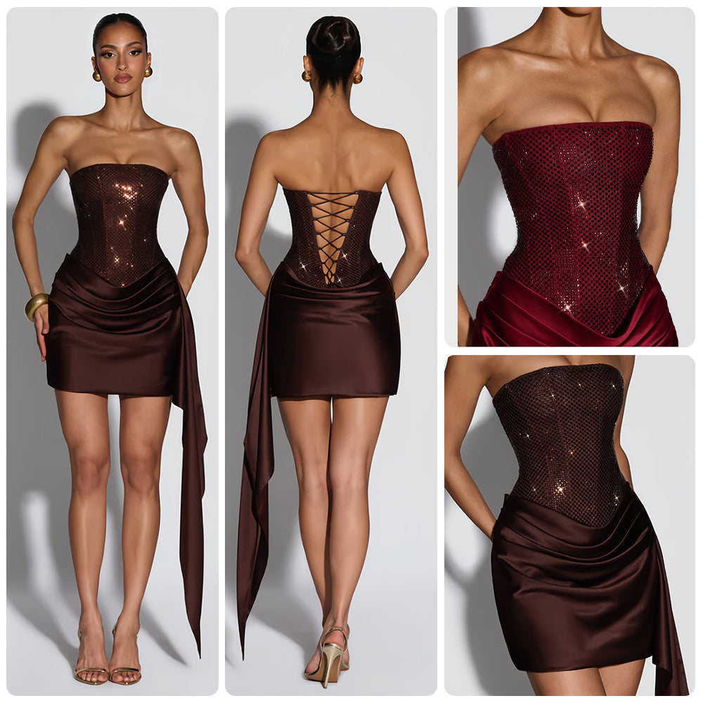 Vestido Corto de Lentejuelas con Falda de Satén y Drapeado – Chantilly